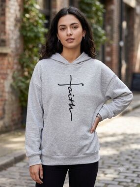 SHEILAY Light Gray Crewneck Hoodie with 'Faith' Cross Graphic, Women’s Size XL